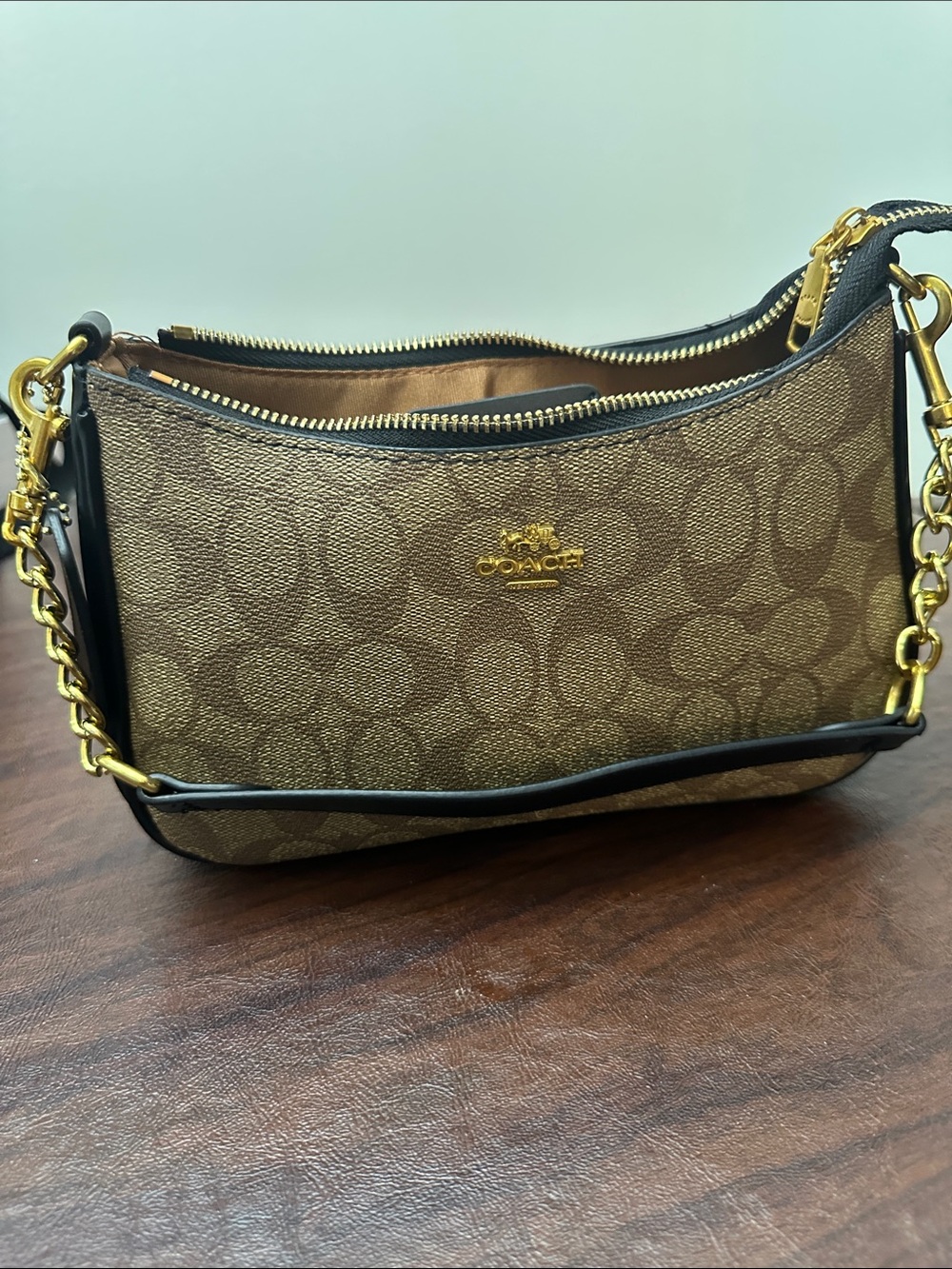 Coach Signature Canvas Shoulder Bag in Brown with Gold Hardware
